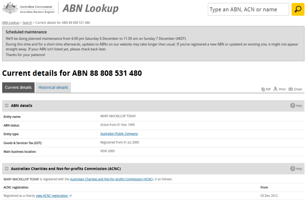 Image of Mary MacKillop Today ABN Lookup